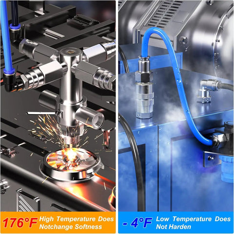Pneumatic tools using Blue 12mm PU Air Tubing Kit 10 Meter Length 32.8ft With Push To Connect Fittings in high and low temperatures.