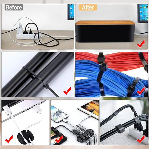 Cable Management Kit With Three Boxes And 128 Pieces To Hide Wires Cord Organizer Set For Home And Office ABS Safe Material Large Medium Small Compartments Black showing neat wire arrangement solutions.