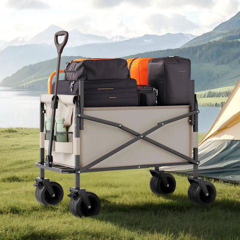 3-in-1 Collapsible Wagon With Wheels, Converts To A 75cm Wide Sofa, Heavy Duty 550lbs 220L Capacity, loaded with camping gear