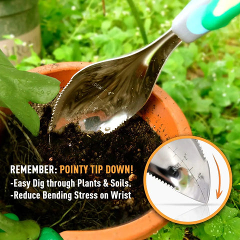 Two Pack Beefy Garden Trowels Set With Stainless Steel Blades And Ergonomic Handles used for planting in a pot