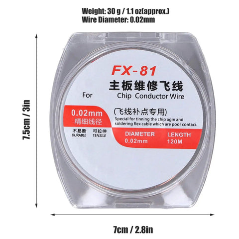 FX-81 chip conductor wire package showing 0.02mm diameter and 120m length, labeled for precise contact repairs.
