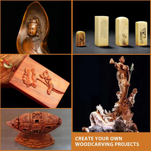 Pro Grade Wood Carving Drill Bits Set For Dremel Rotary Tool, showcasing intricate wooden sculptures and engravings.