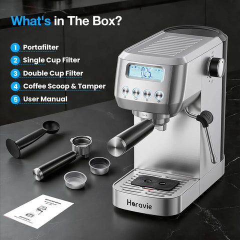 Total Game Changer 20 Bar Espresso Maker With Sleek LCD Display And Bulletproof Milk Frother Fully Adjustable Temp For Silky Lattes Premium Stainless Steel Countertop Brew Station For Real Coffee Fans with portafilter and filters accessories.