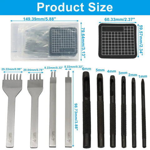 All In One Leather Punch Tool Set 11 Piece With Hollow Punches 1 To 6mm And Diamond Stitching Chisels with cutting pad and case