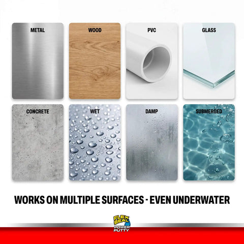 Beast Mode Moldable Rubberized Sealant Putty, Knockout Waterproof Gap Filler And Crack Sealer For Plumbing Pipes Marine Auto Rv showcasing various surfaces like metal, wood, PVC, and submerged conditions.