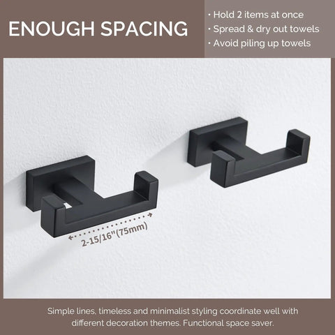 Matte Black Stainless Steel Double Towel Hooks For Wall Mount, SUS304 Robe Coat Hangers, Space Saving, 2 pack displayed on wall