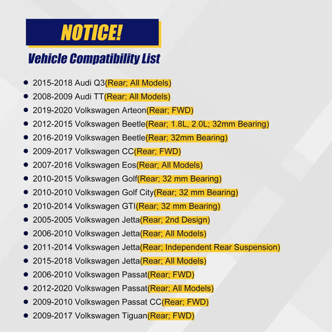 Vehicle compatibility list for Premium 512319 Rear Wheel Bearing And Hub Assembly With ABS For Audi Q3 TT Volkswagen models