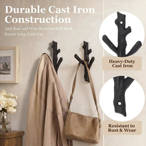 Hella Sturdy Cast Iron Tree Branch Wall Hooks Set Of Four Premium Heavy Duty Wall Mount Storage Organizers Rustic Farmhouse Coat Rack Badass Home Upgrades displaying a brown coat and bag.