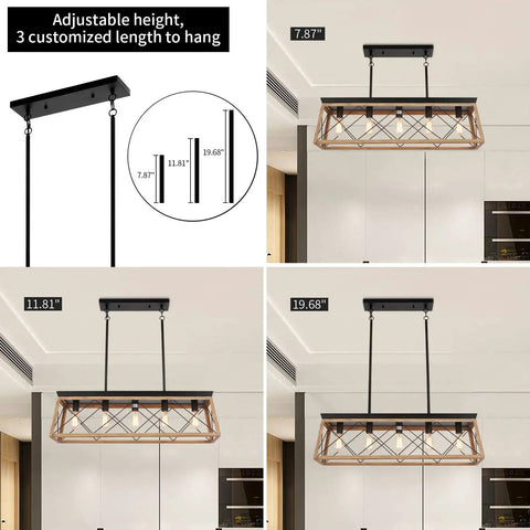 Farmhouse 5 Light Chandelier For Dining Room And Kitchen Island Rustic Pendant Light Fixtures In Matte Black With Wood Finish