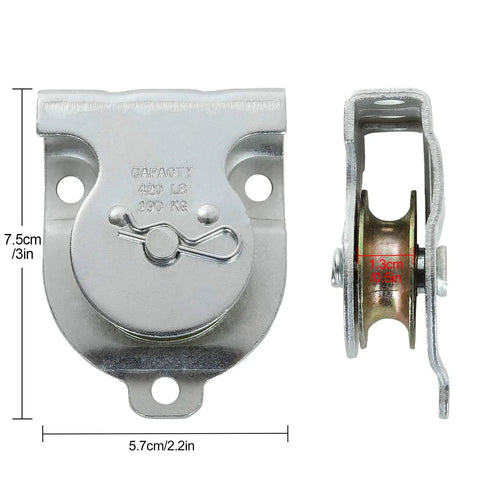 6 Pack Zinc Plated Wall Mount Pulleys, Fixed One And A Half Inch Cable Pulleys With 6 Screw Holes, Silver Small Pulleys, 421 Lbs Capacity, Fits Three Eighths Inch Wire Rope For Lifting, Built Tough, Easy Install. zinc plated wall-mount pulley with 3/8 wire rope, 7.5 cm by 5.7 cm