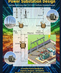 Book cover: Practical Electrical Power Substation Design guide; blue title and substation diagram, Amazon.