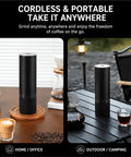 Manual Burr Coffee Grinder With 80 Adjustable Settings For Portable Espresso And French Press Brewing Built Tough on a wooden table and outdoor setting.