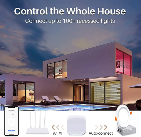 Modern home exterior with illuminated rooms demonstrating Ultra Thin 6 Inch RGB LED Recessed Lights Canless IC Rated Dimmable Downlights.
