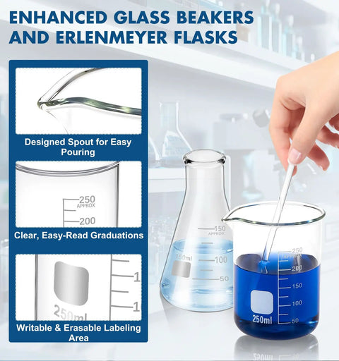 Person using Must Have Glass Labware Starter Kit For Home Lab And Classroom Beakers 50 100 250 500ml with stirring rod and blue liquid