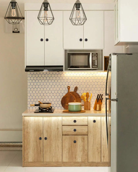 Modern kitchen with wooden cabinets featuring 30 Pack Black Cabinet Knobs With Screws, 1-1/5 Inch Diameter 30mm Dresser Drawer Knobs For Kitchen Cabinets Wardrobe Closets, Modern Hardware Pulls Set For Quick Updates.