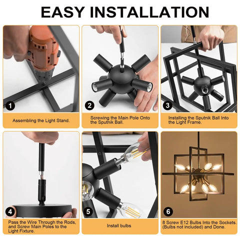 Step-by-step assembly guide for Compact Geometric Black Sputnik Pendant Light, 8-Light Industrial Chandelier For Dining Room