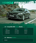 SCITOO 2pc suspension kit: green Toyota sedan angled front view on curved road with vehicle fitment chart.