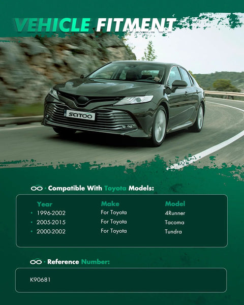 SCITOO 2pc suspension kit: green Toyota sedan angled front view on curved road with vehicle fitment chart.