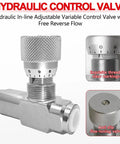 Front view of metallic silver hydraulic flow control valve with knurled adjustment knob and 3/4 in NPT port.