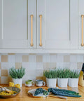 Dope Champagne Brushed Gold Cabinet Pulls 10 Pack 7.5 Inch Center To Center Kitchen Cabinet Handles installed on white cabinets.