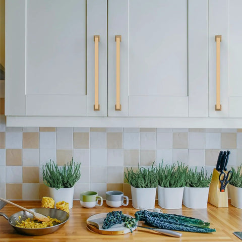 Dope Champagne Brushed Gold Cabinet Pulls 10 Pack 7.5 Inch Center To Center Kitchen Cabinet Handles installed on white cabinets.