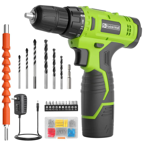 12V Cordless Drill Set With Battery And Charger, LED Work Light, 3/8 Inch Keyless Chuck, 21 Plus 1 Torque Settings, 180 Inch Pounds Max
