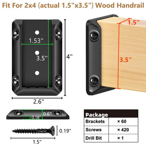 60 Piece Deck Railing Bracket Connectors For 1.5 By 3.5 Inch 2x4 Wood Posts To Handrails And Stair Rails Heavy Duty Nylon 66