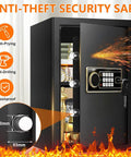 Large 3.4 CuFt Fireproof Safe Box For Home Digital Security Safe Waterproof with keypad and key lock, anti-theft features shown