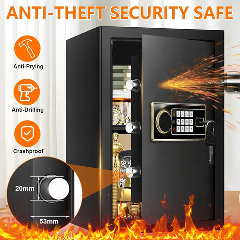 Large 3.4 CuFt Fireproof Safe Box For Home Digital Security Safe Waterproof with keypad and key lock, anti-theft features shown