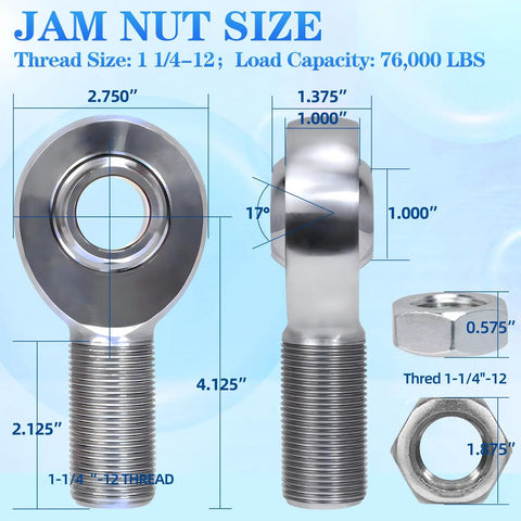 Slack Free 1.25 Inch Heim Joint Rod End Kit With Left And Right Hand Thread Spacers Tube Adapters Jam Nuts dimensions and specifications.