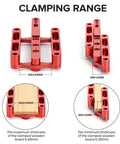 Clamping range of self centering doweling jig kit for woodworking joinery with 6mm 8mm 10mm dowel holes, steel bushings.