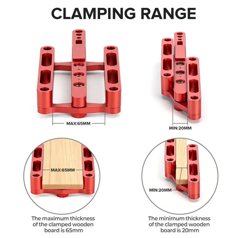 Clamping range of self centering doweling jig kit for woodworking joinery with 6mm 8mm 10mm dowel holes, steel bushings.