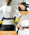 Pro Grade Cleaning Apron With 9 Pockets And Adjustable Waist Belt for house and hotel jobs shown in use with close-up of buckle and pockets