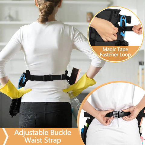 Pro Grade Cleaning Apron With 9 Pockets And Adjustable Waist Belt for house and hotel jobs shown in use with close-up of buckle and pockets