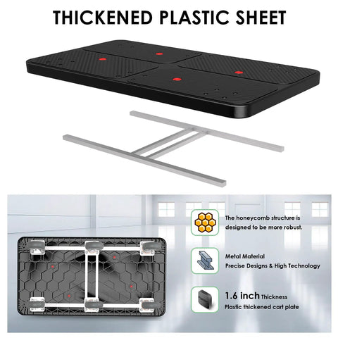 Heavy Duty 2200 Lb Platform Truck With Six Smooth Glide Wheels And Foldable Dual Handrails For Hauling Construction Tools and Warehouse Stock Without Breaking A Sweat, featuring thickened plastic sheet and metal frame.