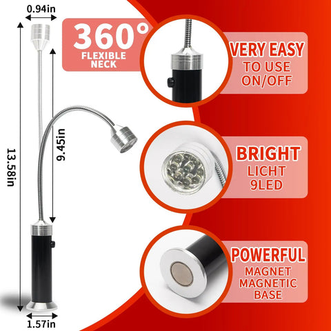 Led Grill Light With Magnetic Base And 360 Degree Gooseneck For BBQ Grilling Night Cooking, 9 LED, flexible neck, dimensions shown