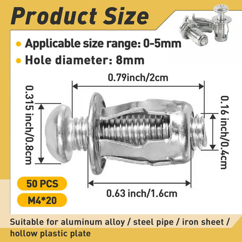 Heavy Duty M4 X 20 Hollow Door Anchor Set Features 50 Stainless Steel Drywall Fixings for sheet metal dimensions and size details.