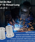 Four Pack Heavy Duty Steel Chassis Weld On Nuts Featuring 3/8 Inch 16 Threads And Generous Flange Base for vehicle frame mounting.