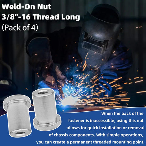 Four Pack Heavy Duty Steel Chassis Weld On Nuts Featuring 3/8 Inch 16 Threads And Generous Flange Base for vehicle frame mounting.
