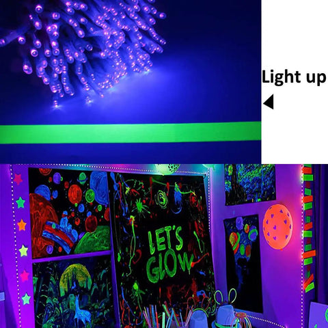 60ft Black Light String Lights With 240 LEDs for lit glow parties displaying UV-reactive decor and fluorescent poster art