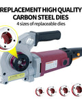 Heavy Duty Electric Pipe Threader Kit With Four Replaceable Steel Dies For One Half To One Inch Four Inches Pipes 28 Rpm No Load Speed And Included Carry Case For Professional Plumbing Jobs On Site close-up of carbon steel dies.