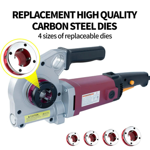 Heavy Duty Electric Pipe Threader Kit With Four Replaceable Steel Dies For One Half To One Inch Four Inches Pipes 28 Rpm No Load Speed And Included Carry Case For Professional Plumbing Jobs On Site close-up of carbon steel dies.