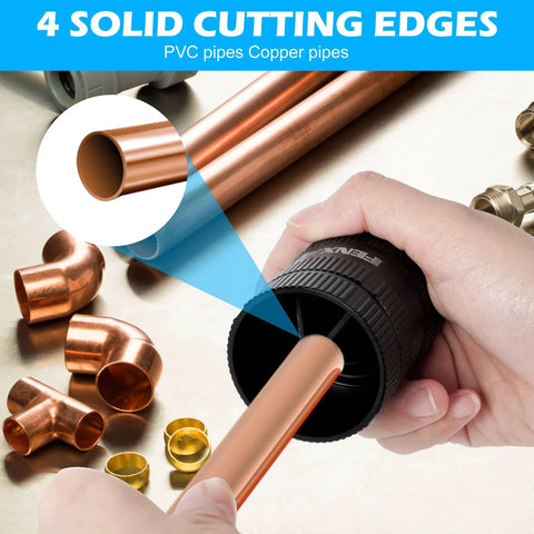 Deburring tool for copper and PVC pipes with black handle; chamfers inner edges on 1/4"–1-5/8" tubes.