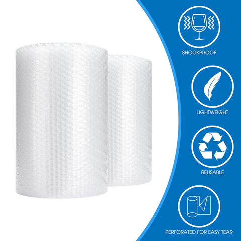 Bubble Cushioning Wrap Roll 12 Inch Wide, 72 Feet Total, Two Perforated Rolls With Easy Tear, Includes 20 Fragile Labels