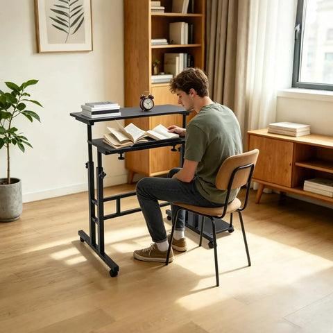Man reading at Smooth Operator Height Adjustable Standing Desk With Heavy Duty Steel Build And Six Easy Roll Wheels For Ergonomic Sit Stand Office Setup To Level Up Your Grind.