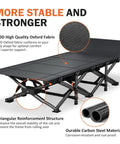 Camping Cot With Cushioned Comfort For Adults, folding bed, showing steel frame and cushioned fabric, gray color.
