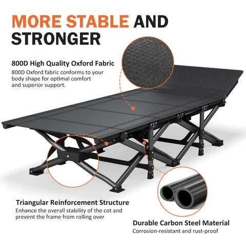 Camping Cot With Cushioned Comfort For Adults, folding bed, showing steel frame and cushioned fabric, gray color.