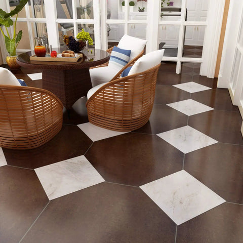 Dining area with hexagonal brown and white tiles, wicker chairs, and a round table, showing contrast to Wood Look Peel And Stick Vinyl Tiles 12x12 Inches.
