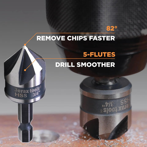 Jerax Tools deburring chamfer bit with quick-release hex shank, HSS 3/4 inch, front view