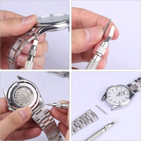 Watch Band Link Pin Remover And Repair Tool Kit, 24 In 1 Set With 6 Extra Tips, 20 Cotter Pins, shown in use on a watch band.